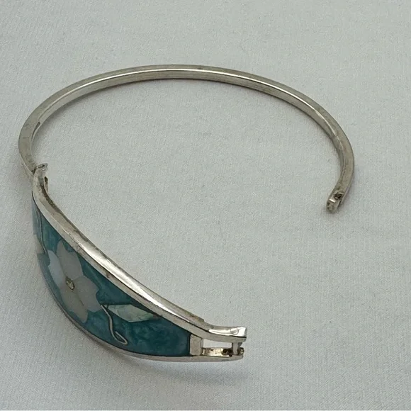 Vintage Taxco Mexico Mother of Pearl Floral Inlay Silver Bracelet Southwestern - Picture 2 of 10